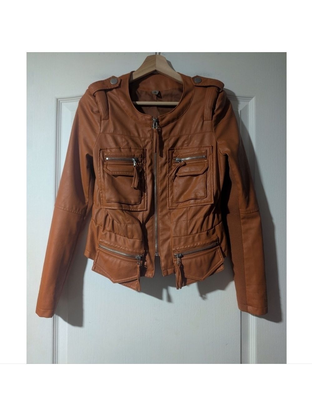 Farm Rio | Faux Leather Moto Jacket In Cognac Brown